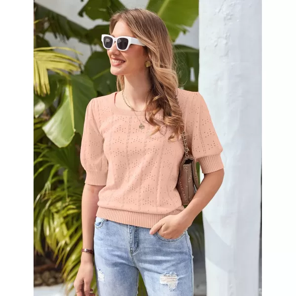 imageHOTOUCH Sweater for Women 2024 Fall Trendy Puff Tops Casual Eyelet Knit Square Neck Tunic Shirt Blouses SXXLPink