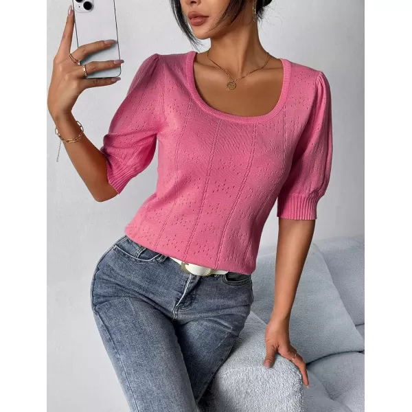 imageHOTOUCH Sweater for Women 2024 Fall Trendy Puff Tops Casual Eyelet Knit Square Neck Tunic Shirt Blouses SXXLWatermelon Red