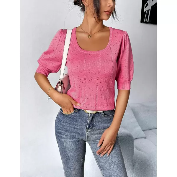 imageHOTOUCH Sweater for Women 2024 Fall Trendy Puff Tops Casual Eyelet Knit Square Neck Tunic Shirt Blouses SXXLWatermelon Red