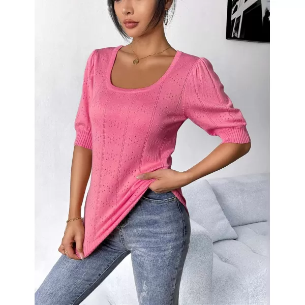 imageHOTOUCH Sweater for Women 2024 Fall Trendy Puff Tops Casual Eyelet Knit Square Neck Tunic Shirt Blouses SXXLWatermelon Red