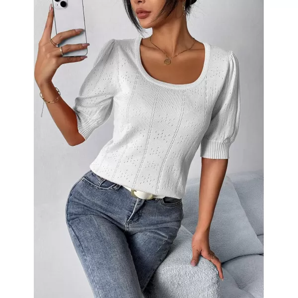 imageHOTOUCH Sweater for Women 2024 Fall Trendy Puff Tops Casual Eyelet Knit Square Neck Tunic Shirt Blouses SXXLWhite