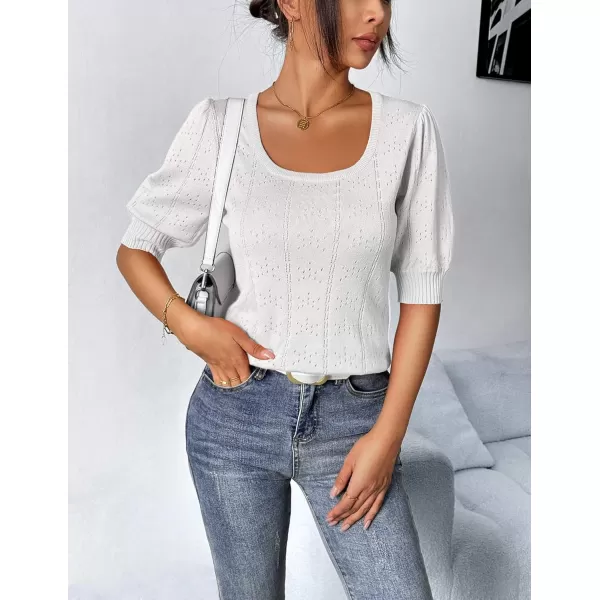 imageHOTOUCH Sweater for Women 2024 Fall Trendy Puff Tops Casual Eyelet Knit Square Neck Tunic Shirt Blouses SXXLWhite