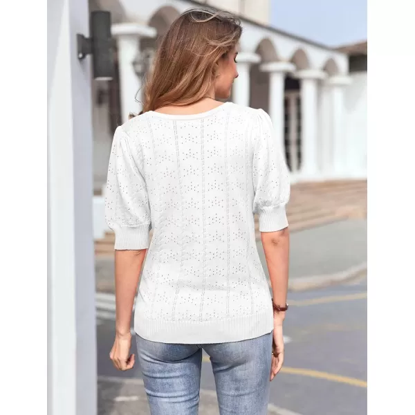 imageHOTOUCH Sweater for Women 2024 Fall Trendy Puff Tops Casual Eyelet Knit Square Neck Tunic Shirt Blouses SXXLWhite