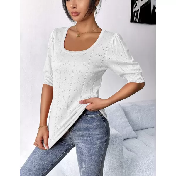 imageHOTOUCH Sweater for Women 2024 Fall Trendy Puff Tops Casual Eyelet Knit Square Neck Tunic Shirt Blouses SXXLWhite