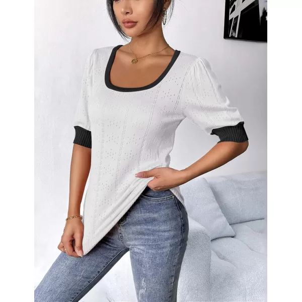 imageHOTOUCH Sweater for Women 2024 Fall Trendy Puff Tops Casual Eyelet Knit Square Neck Tunic Shirt Blouses SXXLWhite Black Colorblock