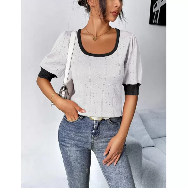 imageHOTOUCH Sweater for Women 2024 Fall Trendy Puff Tops Casual Eyelet Knit Square Neck Tunic Shirt Blouses SXXLWhite Black Colorblock