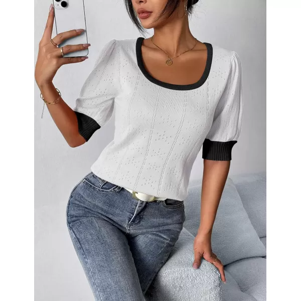 imageHOTOUCH Sweater for Women 2024 Fall Trendy Puff Tops Casual Eyelet Knit Square Neck Tunic Shirt Blouses SXXLWhite Black Colorblock