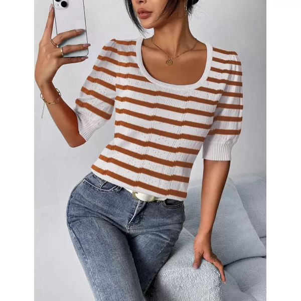 imageHOTOUCH Sweater for Women 2024 Fall Trendy Puff Tops Casual Eyelet Knit Square Neck Tunic Shirt Blouses SXXLWhite Coffee Stripe