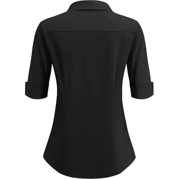 imageHOTOUCH Womens Basic Button Down Shirts 34 Sleeve Stretch Button Up Dress Shirt Slim Fit Waitress Work ShirtsAblack