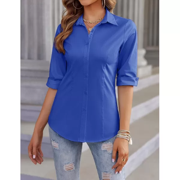 imageHOTOUCH Womens Basic Button Down Shirts 34 Sleeve Stretch Button Up Dress Shirt Slim Fit Waitress Work ShirtsBlue