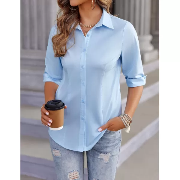 imageHOTOUCH Womens Basic Button Down Shirts 34 Sleeve Stretch Button Up Dress Shirt Slim Fit Waitress Work ShirtsClear Blue