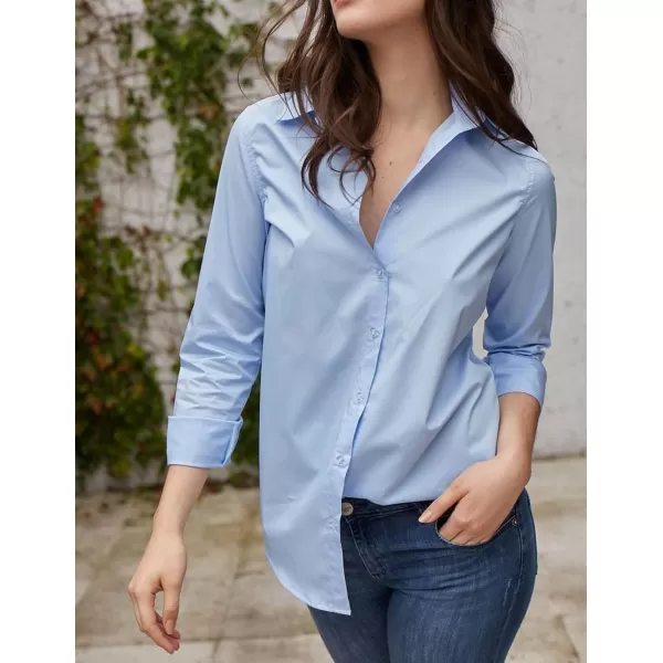 imageHOTOUCH Womens Basic Button Down Shirts 34 Sleeve Stretch Button Up Dress Shirt Slim Fit Waitress Work ShirtsClear Blue