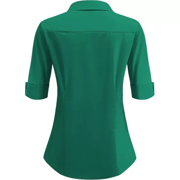 imageHOTOUCH Womens Basic Button Down Shirts 34 Sleeve Stretch Button Up Dress Shirt Slim Fit Waitress Work ShirtsGreen