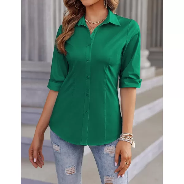 imageHOTOUCH Womens Basic Button Down Shirts 34 Sleeve Stretch Button Up Dress Shirt Slim Fit Waitress Work ShirtsGreen