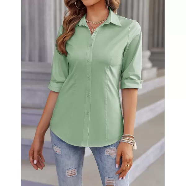 imageHOTOUCH Womens Basic Button Down Shirts 34 Sleeve Stretch Button Up Dress Shirt Slim Fit Waitress Work ShirtsLight Green