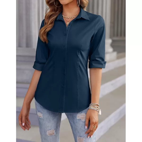 imageHOTOUCH Womens Basic Button Down Shirts 34 Sleeve Stretch Button Up Dress Shirt Slim Fit Waitress Work ShirtsNavy Blue