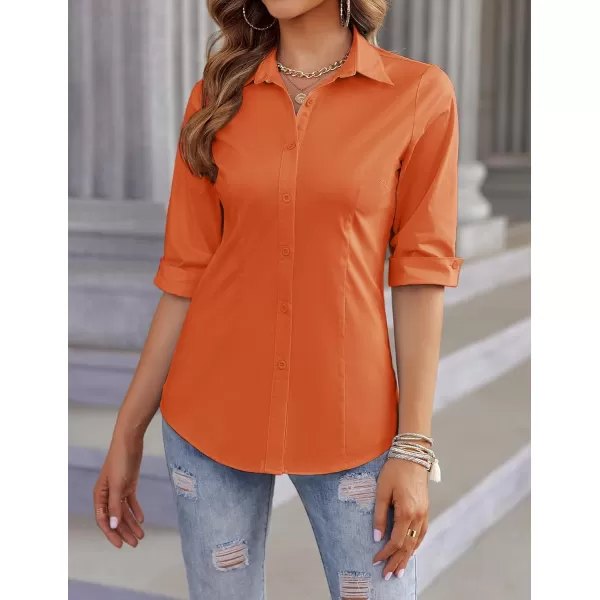 imageHOTOUCH Womens Basic Button Down Shirts 34 Sleeve Stretch Button Up Dress Shirt Slim Fit Waitress Work ShirtsOrange