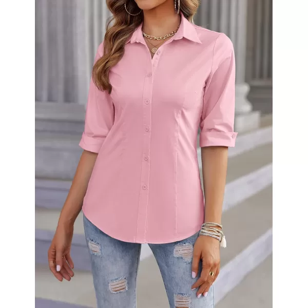 imageHOTOUCH Womens Basic Button Down Shirts 34 Sleeve Stretch Button Up Dress Shirt Slim Fit Waitress Work ShirtsPink