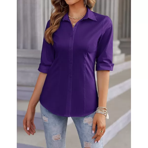 imageHOTOUCH Womens Basic Button Down Shirts 34 Sleeve Stretch Button Up Dress Shirt Slim Fit Waitress Work ShirtsPurple