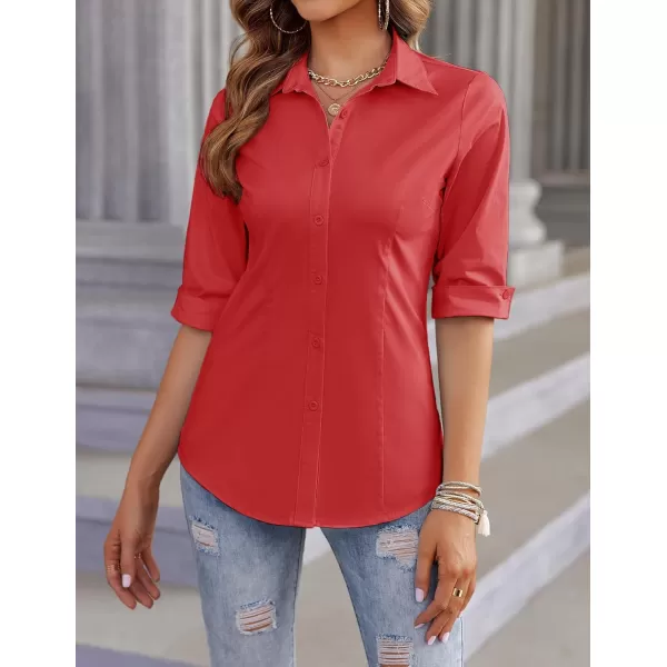 imageHOTOUCH Womens Basic Button Down Shirts 34 Sleeve Stretch Button Up Dress Shirt Slim Fit Waitress Work ShirtsRed