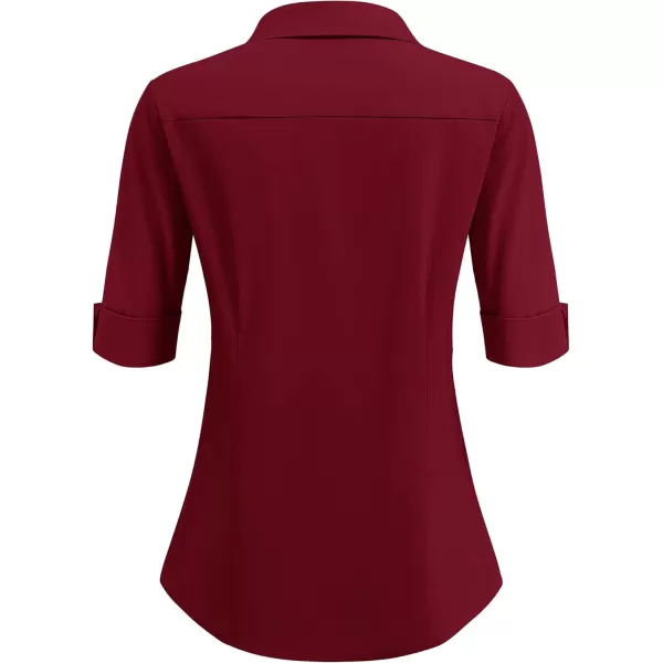 imageHOTOUCH Womens Basic Button Down Shirts 34 Sleeve Stretch Button Up Dress Shirt Slim Fit Waitress Work ShirtsWine Red