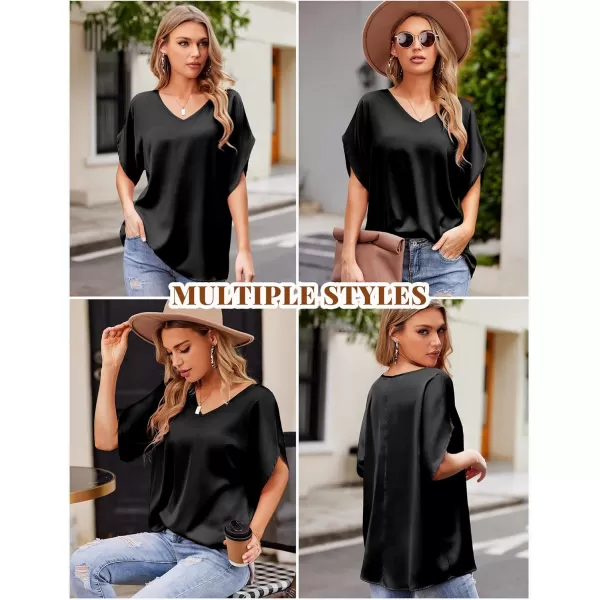 imageHOTOUCH Womens Business Casual Tops Satin Silk Dressy Blouses V Neck Formal Tops Batwing Half Sleeve Summer Shirt SXXLBlack