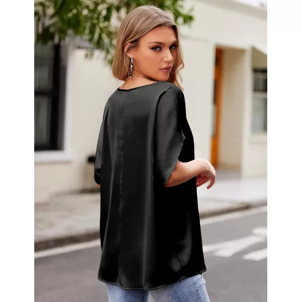 imageHOTOUCH Womens Business Casual Tops Satin Silk Dressy Blouses V Neck Formal Tops Batwing Half Sleeve Summer Shirt SXXLBlack