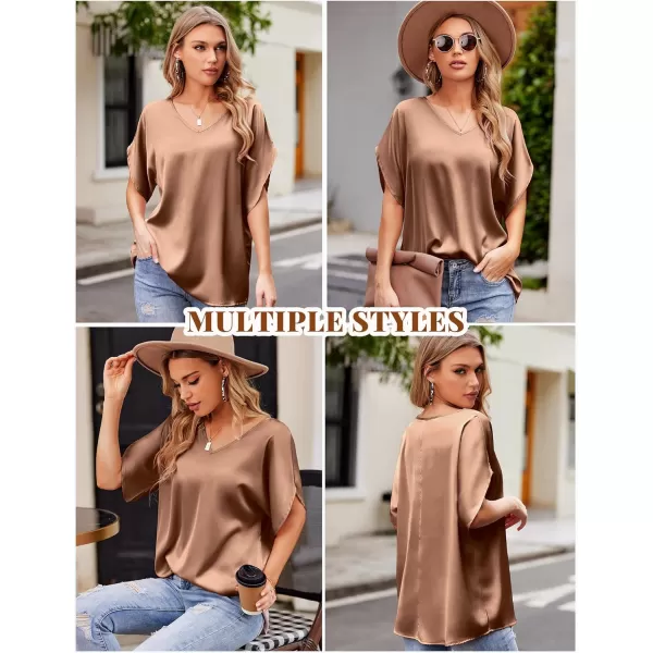 imageHOTOUCH Womens Business Casual Tops Satin Silk Dressy Blouses V Neck Formal Tops Batwing Half Sleeve Summer Shirt SXXLCamel