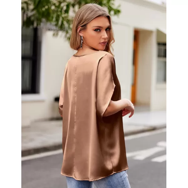 imageHOTOUCH Womens Business Casual Tops Satin Silk Dressy Blouses V Neck Formal Tops Batwing Half Sleeve Summer Shirt SXXLCamel