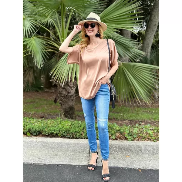 imageHOTOUCH Womens Business Casual Tops Satin Silk Dressy Blouses V Neck Formal Tops Batwing Half Sleeve Summer Shirt SXXLCamel
