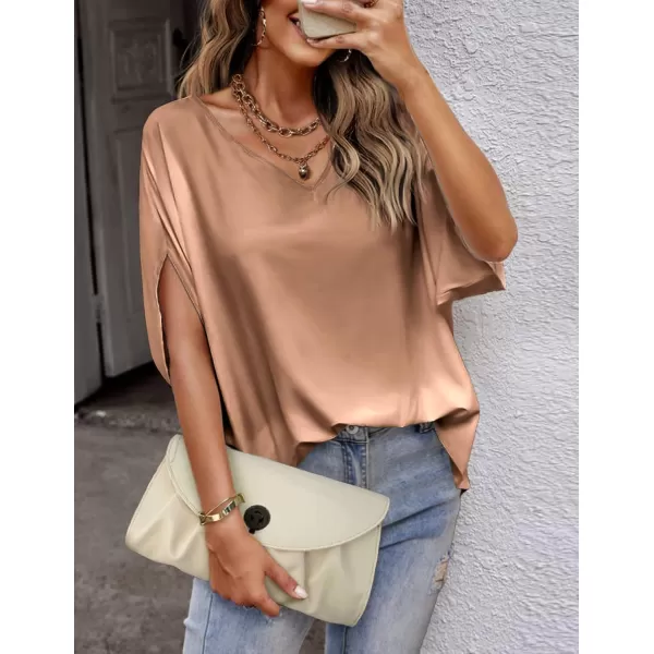imageHOTOUCH Womens Business Casual Tops Satin Silk Dressy Blouses V Neck Formal Tops Batwing Half Sleeve Summer Shirt SXXLCamel