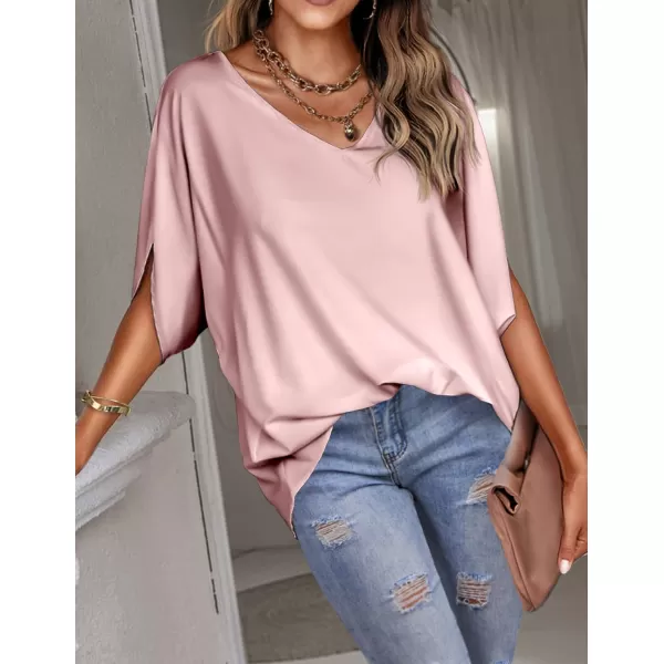 imageHOTOUCH Womens Business Casual Tops Satin Silk Dressy Blouses V Neck Formal Tops Batwing Half Sleeve Summer Shirt SXXLDusty Pink