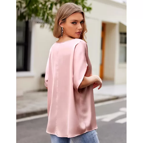 imageHOTOUCH Womens Business Casual Tops Satin Silk Dressy Blouses V Neck Formal Tops Batwing Half Sleeve Summer Shirt SXXLDusty Pink