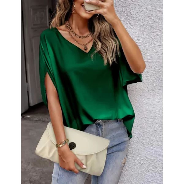 imageHOTOUCH Womens Business Casual Tops Satin Silk Dressy Blouses V Neck Formal Tops Batwing Half Sleeve Summer Shirt SXXLGreen