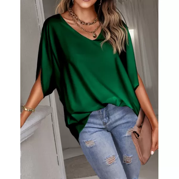 imageHOTOUCH Womens Business Casual Tops Satin Silk Dressy Blouses V Neck Formal Tops Batwing Half Sleeve Summer Shirt SXXLGreen