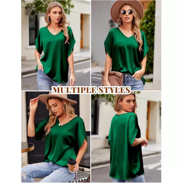 imageHOTOUCH Womens Business Casual Tops Satin Silk Dressy Blouses V Neck Formal Tops Batwing Half Sleeve Summer Shirt SXXLGreen