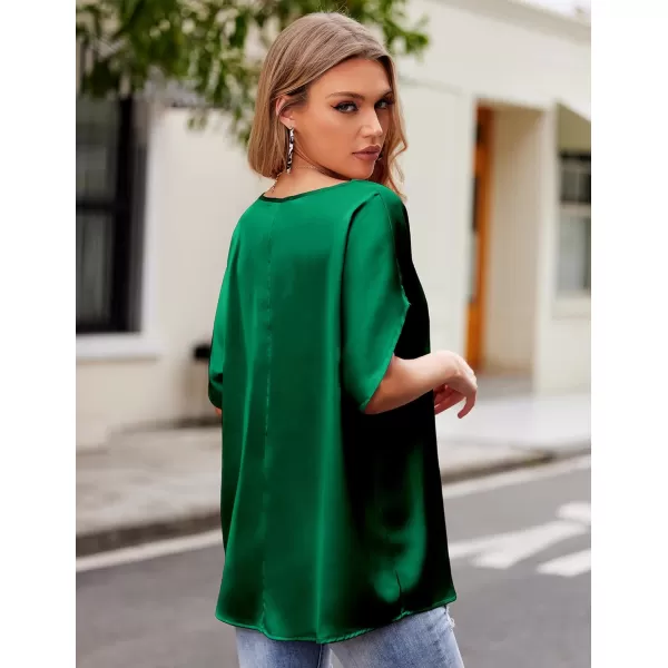 imageHOTOUCH Womens Business Casual Tops Satin Silk Dressy Blouses V Neck Formal Tops Batwing Half Sleeve Summer Shirt SXXLGreen