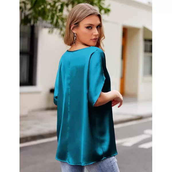 imageHOTOUCH Womens Business Casual Tops Satin Silk Dressy Blouses V Neck Formal Tops Batwing Half Sleeve Summer Shirt SXXLPeacock Blue