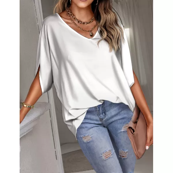 imageHOTOUCH Womens Business Casual Tops Satin Silk Dressy Blouses V Neck Formal Tops Batwing Half Sleeve Summer Shirt SXXLWhite