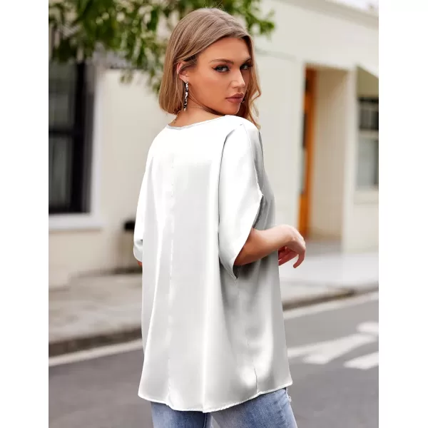 imageHOTOUCH Womens Business Casual Tops Satin Silk Dressy Blouses V Neck Formal Tops Batwing Half Sleeve Summer Shirt SXXLWhite