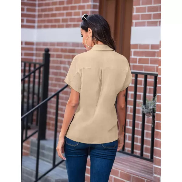 imageHOTOUCH Womens Button Down Shirts Loosefit Casual Short Sleeve Blouse V Neck Classic Collared Work Tops Fasion 2023Apricot