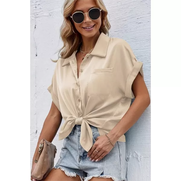 imageHOTOUCH Womens Button Down Shirts Loosefit Casual Short Sleeve Blouse V Neck Classic Collared Work Tops Fasion 2023Apricot