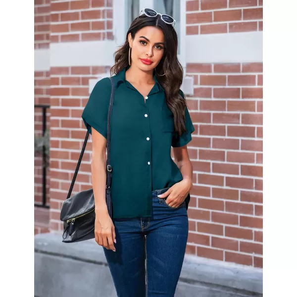 imageHOTOUCH Womens Button Down Shirts Loosefit Casual Short Sleeve Blouse V Neck Classic Collared Work Tops Fasion 2023Bluegreen