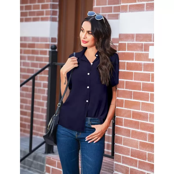 imageHOTOUCH Womens Button Down Shirts Loosefit Casual Short Sleeve Blouse V Neck Classic Collared Work Tops Fasion 2023Navy Blue