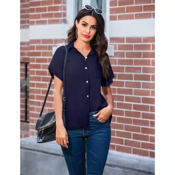 imageHOTOUCH Womens Button Down Shirts Loosefit Casual Short Sleeve Blouse V Neck Classic Collared Work Tops Fasion 2023Navy Blue