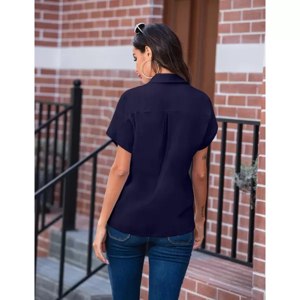 imageHOTOUCH Womens Button Down Shirts Loosefit Casual Short Sleeve Blouse V Neck Classic Collared Work Tops Fasion 2023Navy Blue