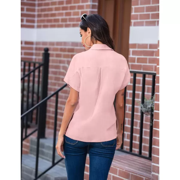 imageHOTOUCH Womens Button Down Shirts Loosefit Casual Short Sleeve Blouse V Neck Classic Collared Work Tops Fasion 2023Pink