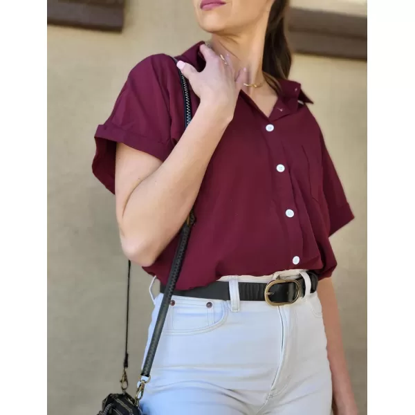 imageHOTOUCH Womens Button Down Shirts Loosefit Casual Short Sleeve Blouse V Neck Classic Collared Work Tops Fasion 2023Wine