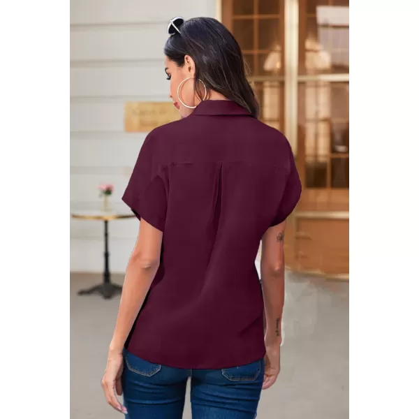imageHOTOUCH Womens Button Down Shirts Loosefit Casual Short Sleeve Blouse V Neck Classic Collared Work Tops Fasion 2023Wine
