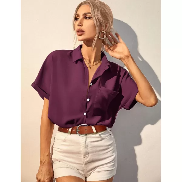 imageHOTOUCH Womens Button Down Shirts Loosefit Casual Short Sleeve Blouse V Neck Classic Collared Work Tops Fasion 2023Wine